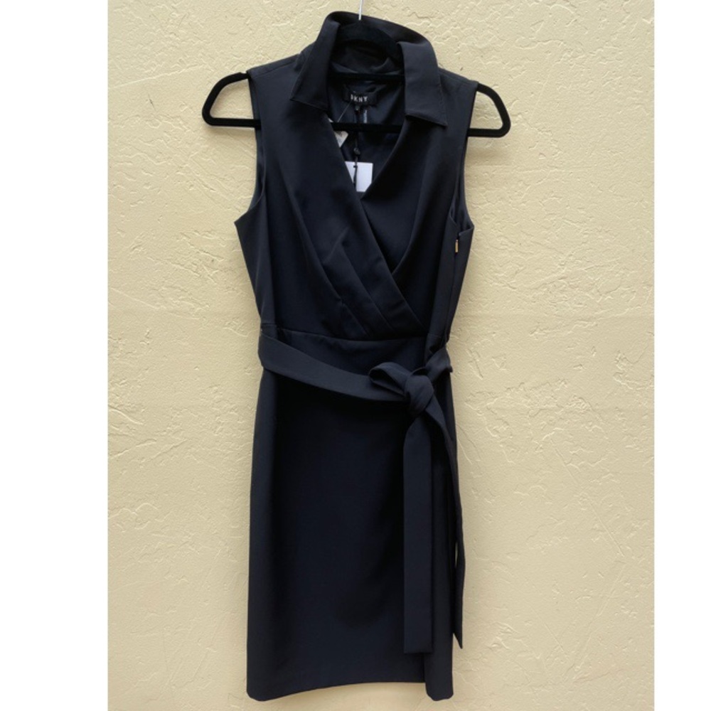 DKNY Sleeveless Black Wrap dress with belt tie.